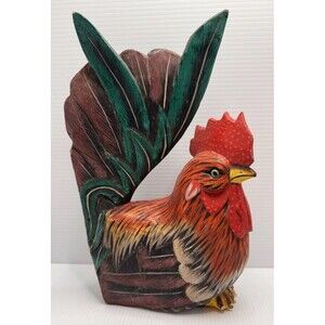 Wood Carved Rooster Figure Chicken Sculpture Farmhouse Rustic Home Decor (Bx 5)